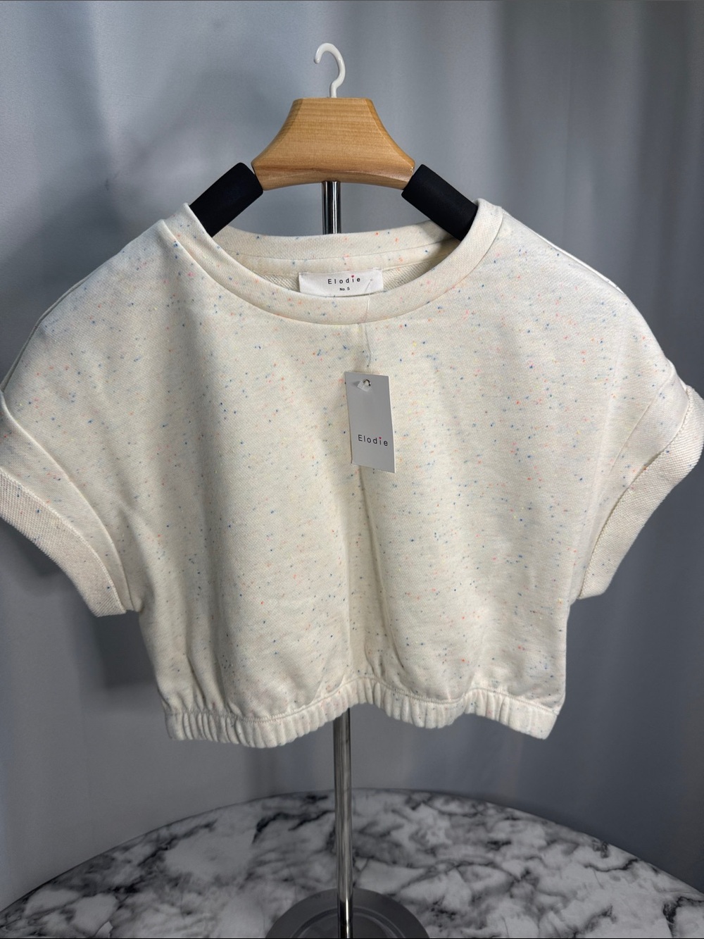 Elodie Cream Speckled Short Sleeve Cropped Sweatshirt
